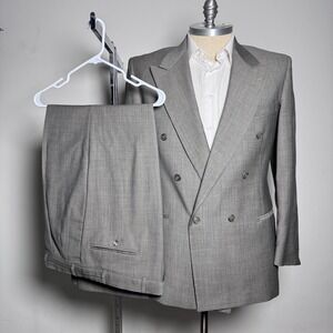 Adolfo Couture Suit Mens 42R 38x30 Gray Solid Double Breasted Vintage Wool Blend